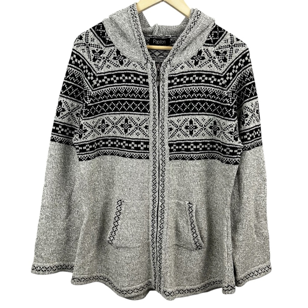 Papillon Patterned Hooded Knit Zip Up Cardigan Size Large